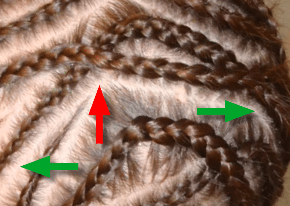 Close up photo of cornrows with plaits indicated