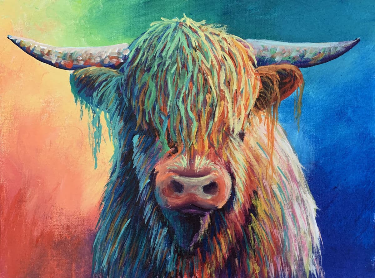 Highland cow painted using a rainbow of colors