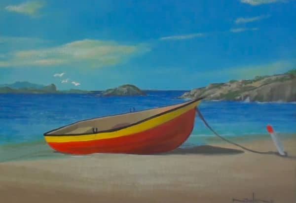 boat on beach painting with complementary colours added