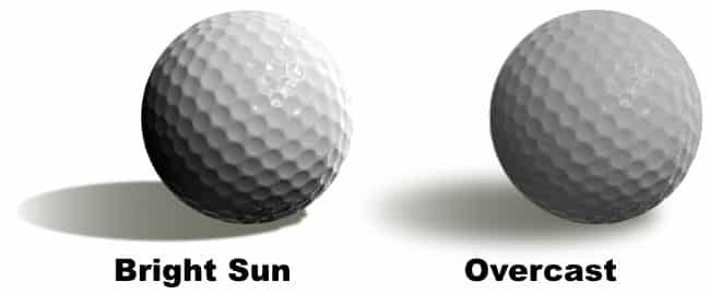 golf balls showing difference between bright & overcast light