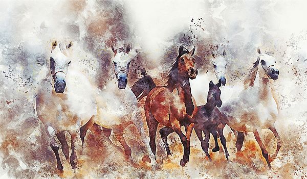 motion blur applied to a painting of horses to indicate movement