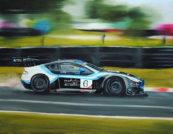 painting of racing car with background in motion blur to indcate movement