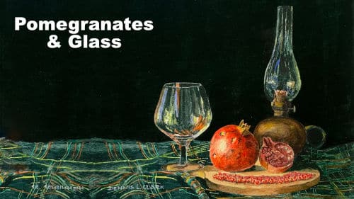 Pomegranates and glass still life in watercolor class banner